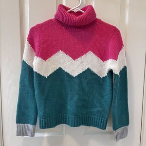 Mini Boden Pink Green Chevron Striped Turtleneck Sweater Girls Size 9-10